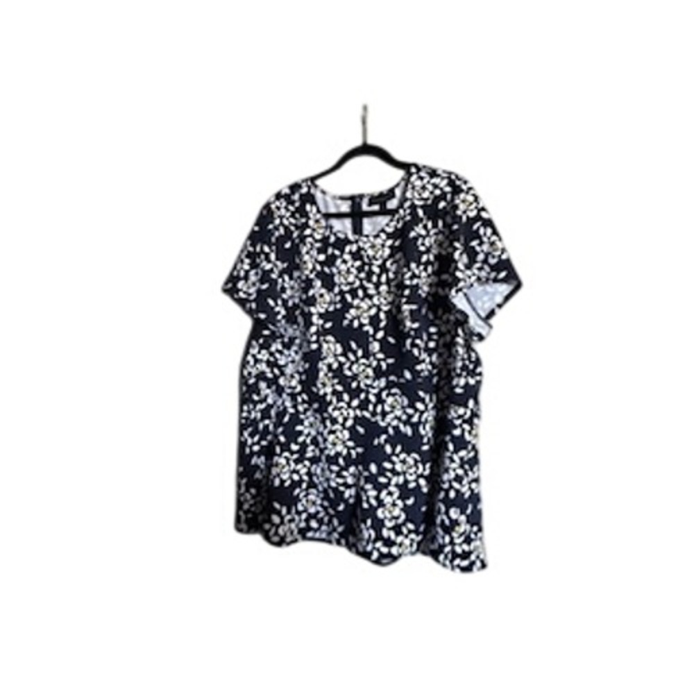 Lane Bryant Navy Blue Floral Short Sleeve Blouse Round Neck Back Zip Top